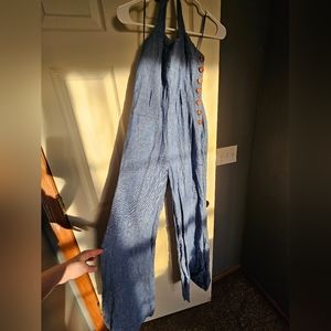 Anthropologie Elevenses wide leg denim like fabric jumpsuit. Size 4.